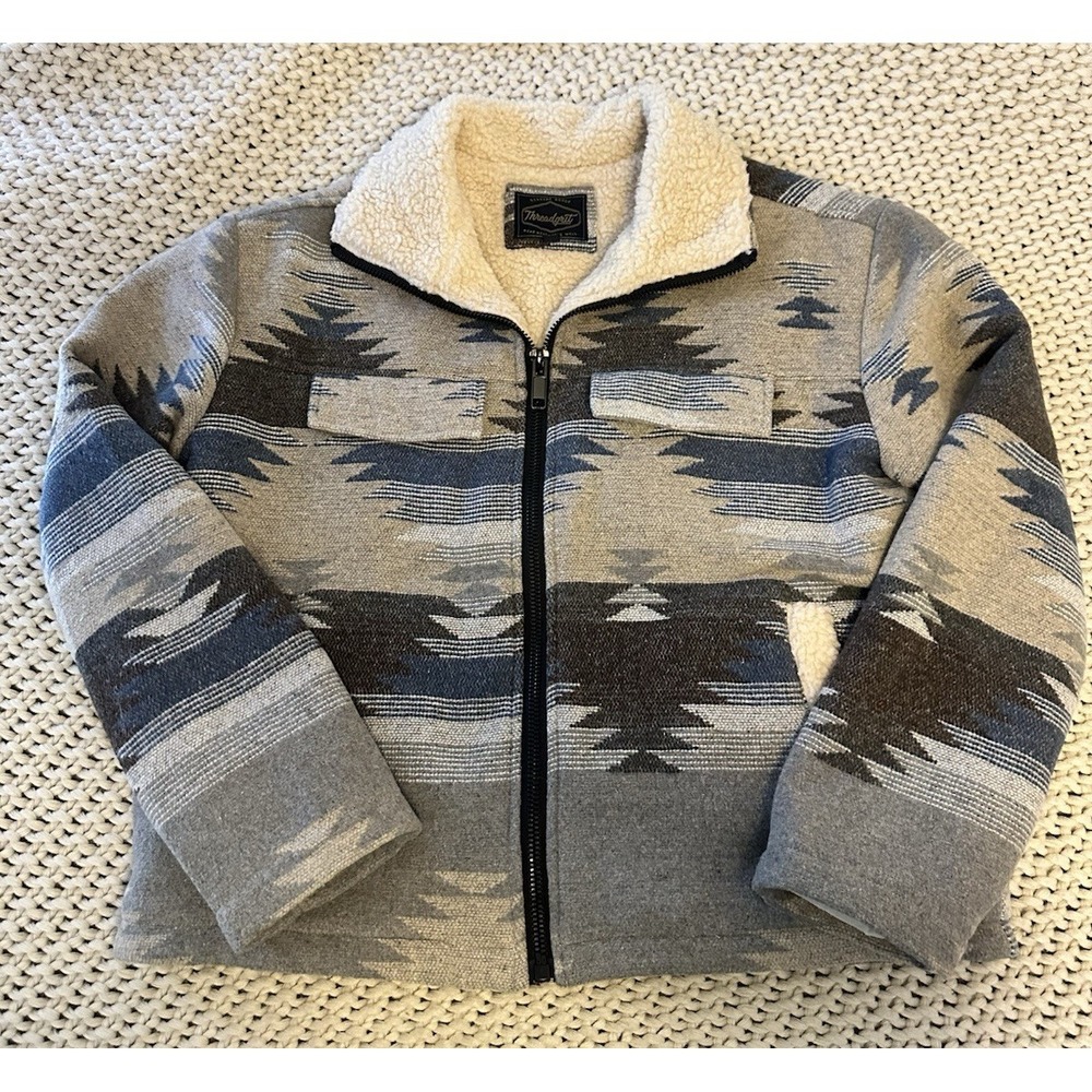 Womens Threadgrit Sherpa Lined Barn Jacket Coat Aztec Print MEDIUM Blue Gray